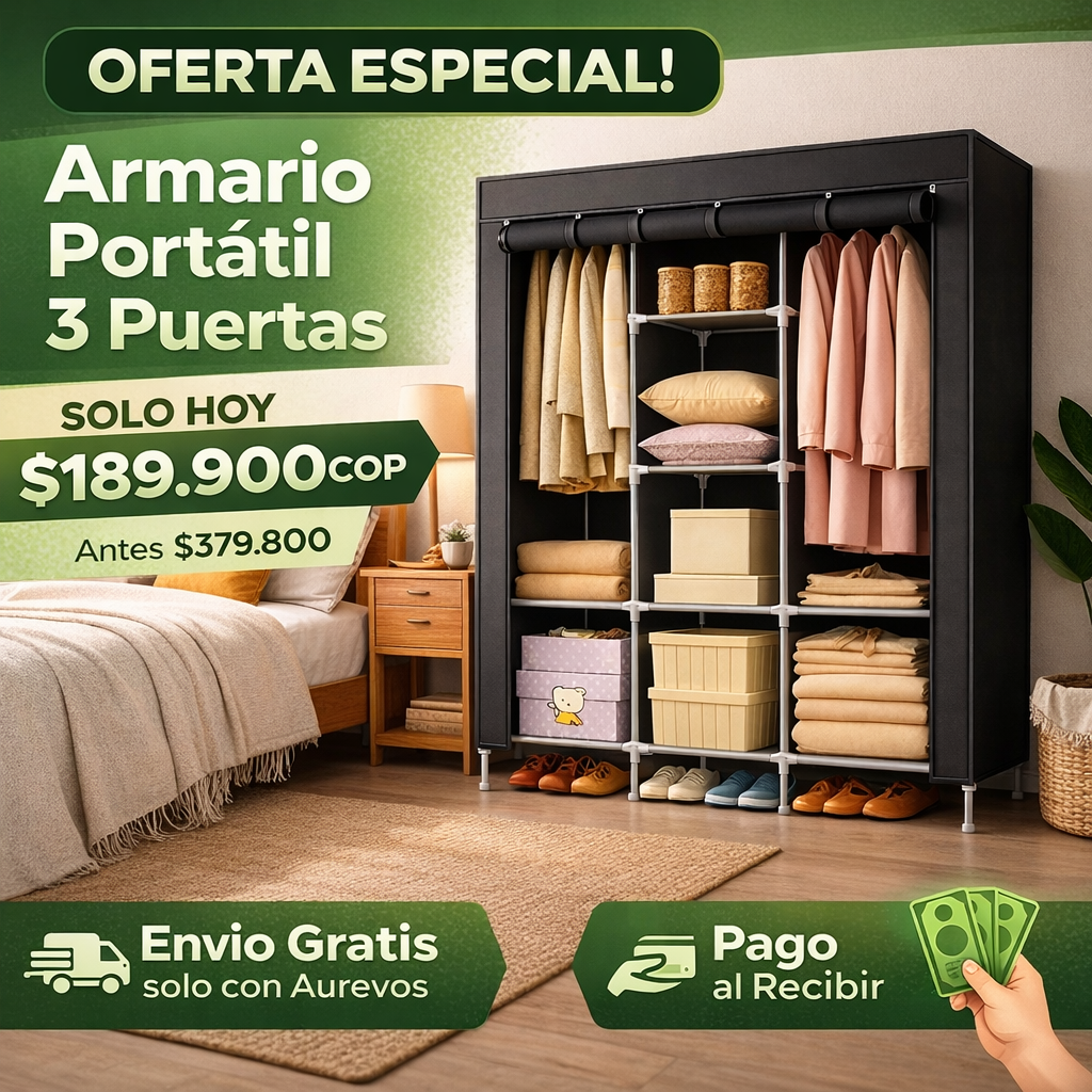 🏠Armario Ropero Portátil 3 Puertas - ÚLTIMO DÍA CON PRECIO ESPECIAL🔥